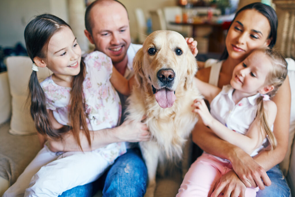 Family sitting on a couch with golden retriever
