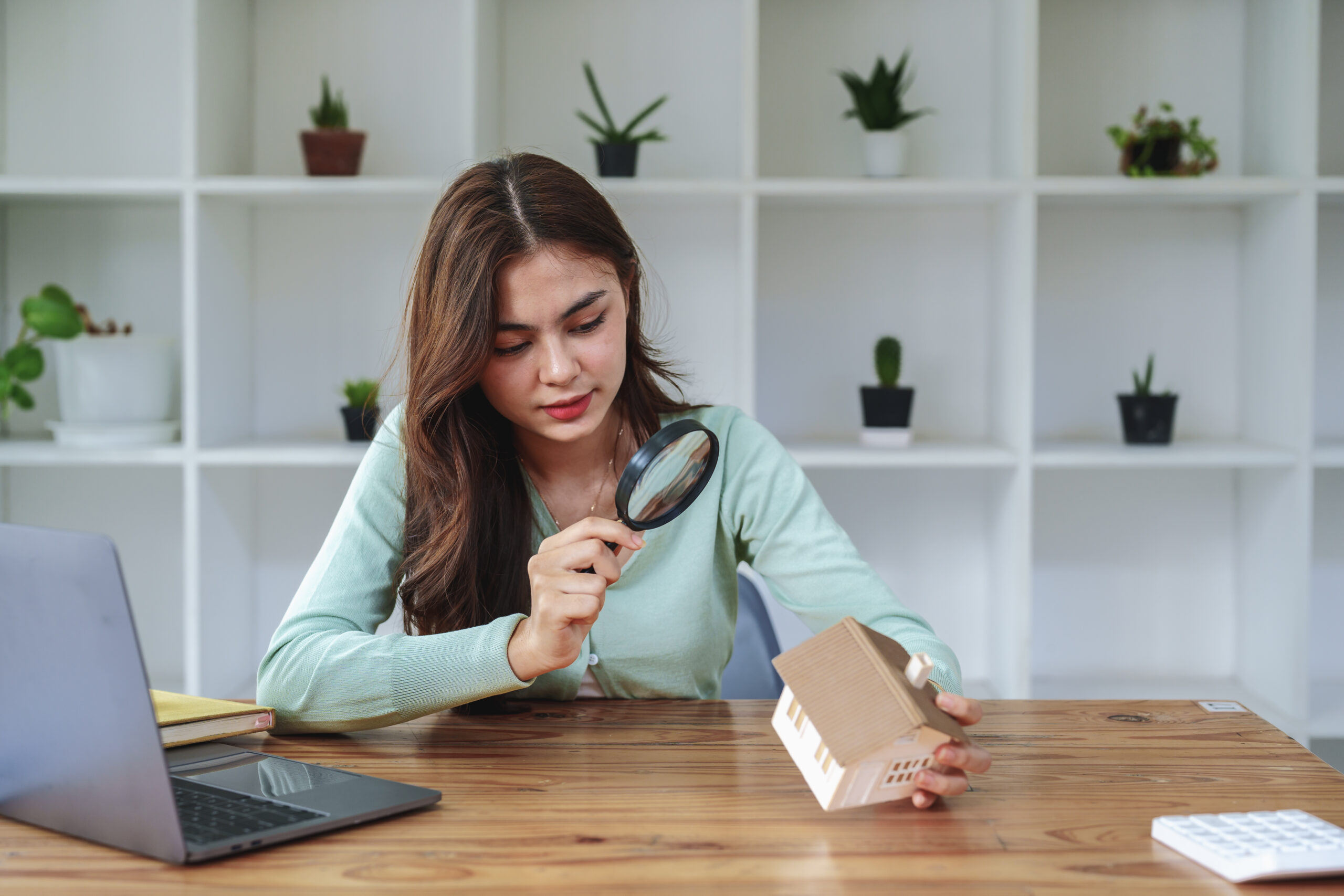 woman looking at handheld model of house through magnifying glass