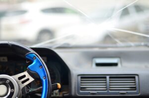 Interior of car with cracked windshield
