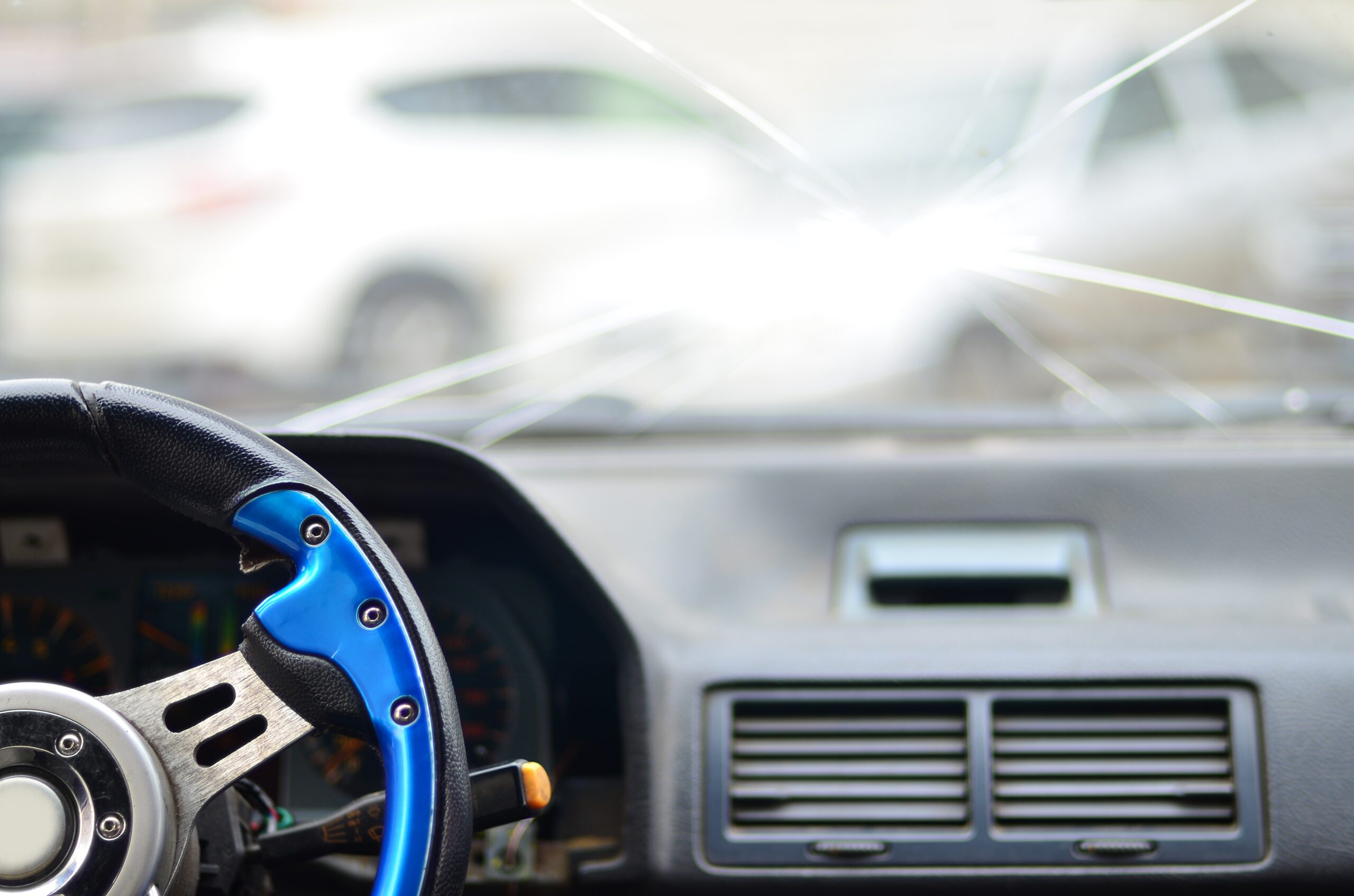 Interior of car with cracked windshield