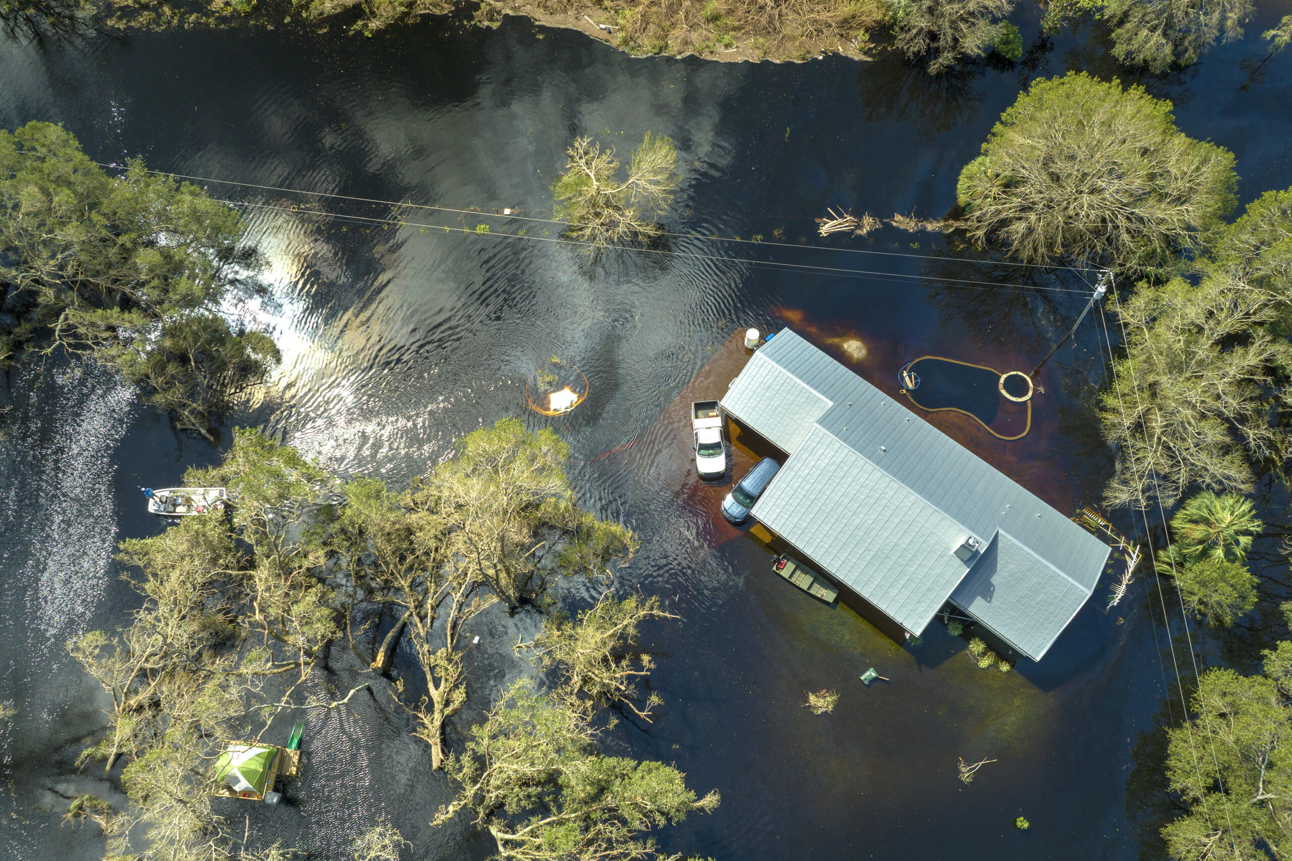 aerial view of flooded home